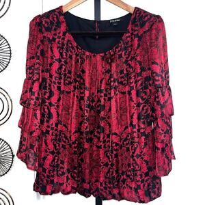 Roz & Ali Vamp Whimsygoth Goth Floral Top Blouse - Red Black, Size L